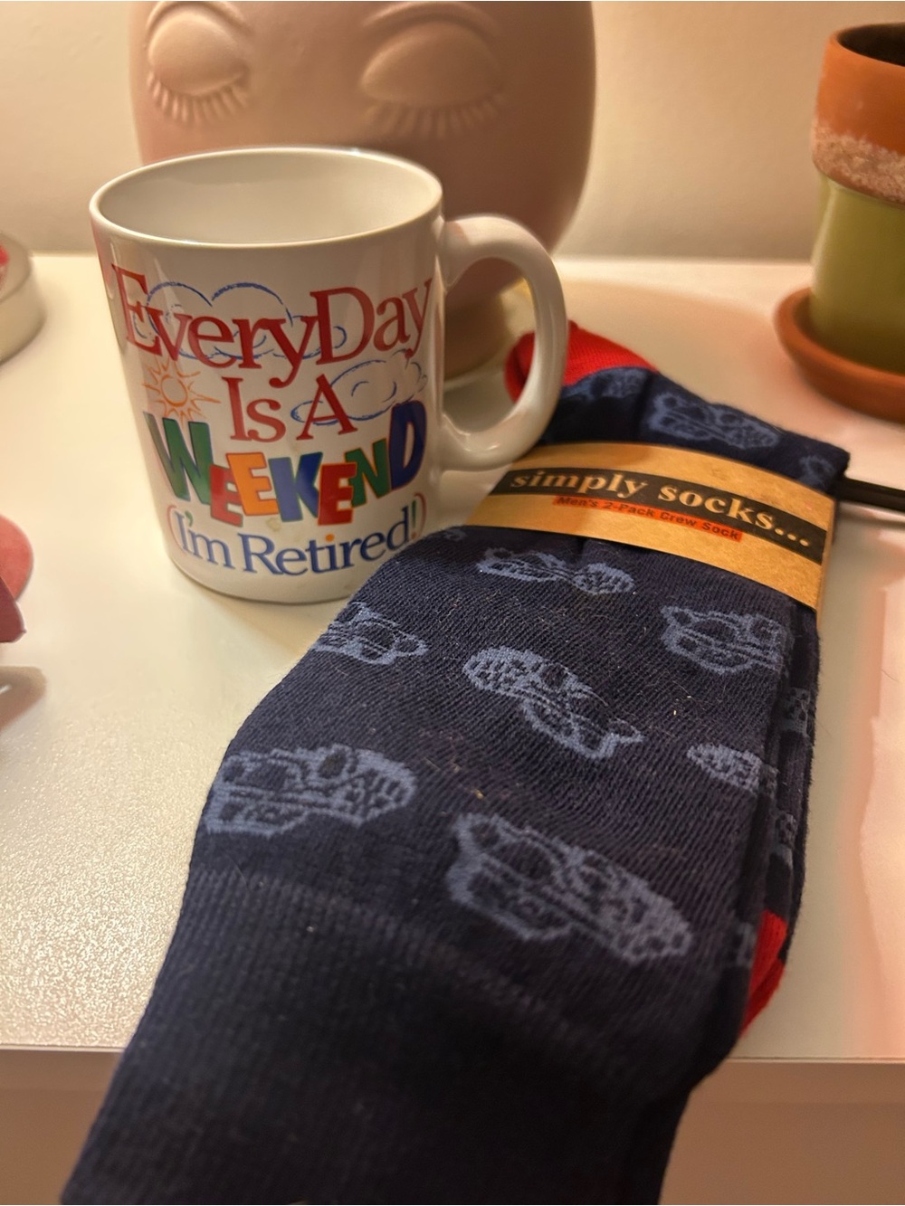 Simply Socks Men's Navy Patterned Crew Socks (2) with Coffee Mug - I’m Retired